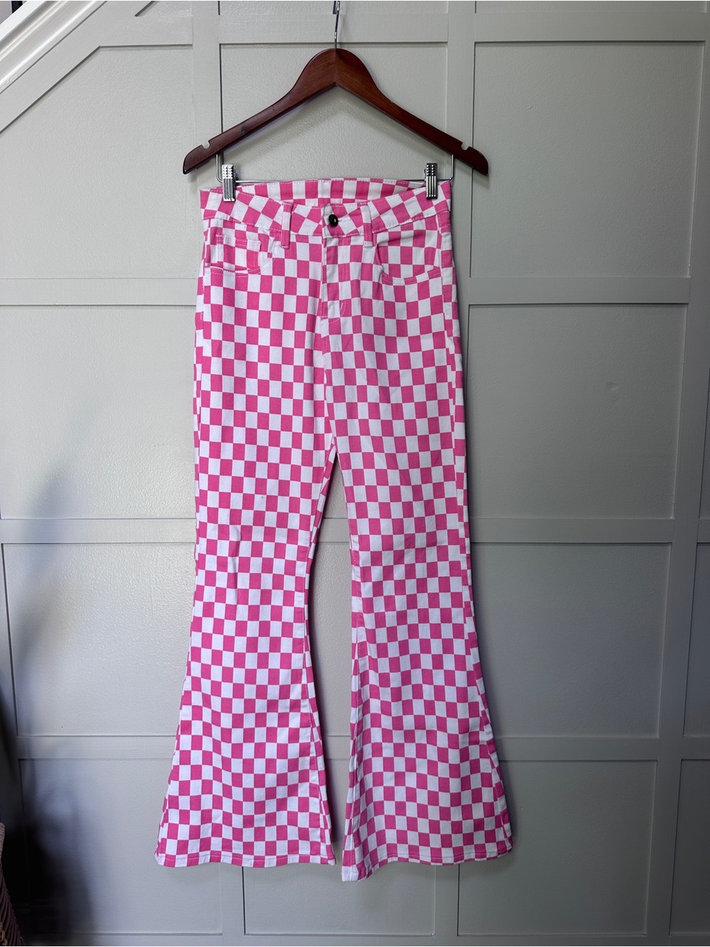 Pink & White Checkerboard Flared Jeans
